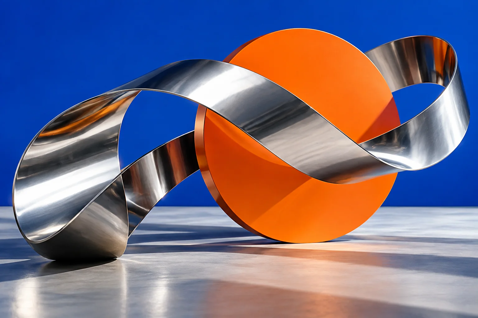 Silver ribbon sculpture in a monochrome gallery